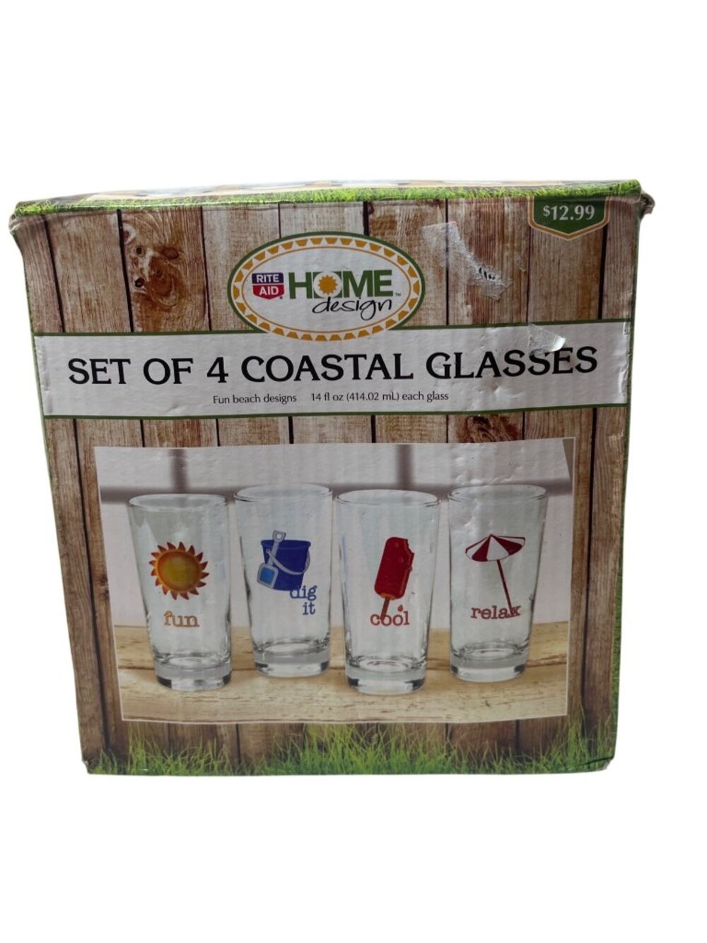 Set Of 4 Coastal Glasses With Fun Beach Designs 14oz Each By Rite Aid Home Desig